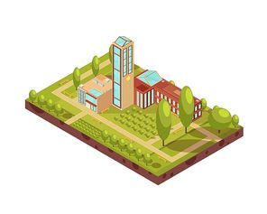 Isometric layout of modern university building with glass tower green trees walkways with benches 3d vector illustration