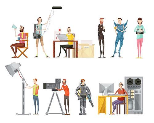 Set of making movie including actors director cameraman sound engineer lighting operator flat style isolated vector illustration