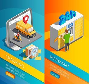 Delivery isometric vertical banners with transportation tracking and post parcel lockers compositions isometric vector illustration
