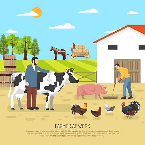 Farm animals composition with ward scenery poultry animals in farming and fattening with stock farmer characters vector illustration
