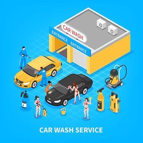 Car wash service with garage equipment workers and girls in bikini on blue background isometric vector illustration