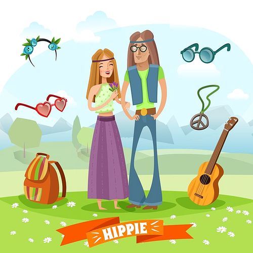 Subculture hippie composition with couple at meadow with accessories on natural landscape background cartoon style vector illustration