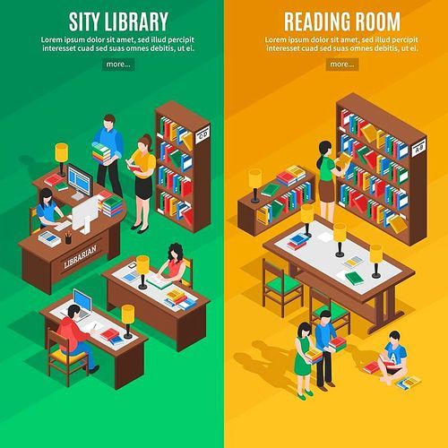 Isometric vertical banners with city library and reading room on green and yellow background isolated vector illustration