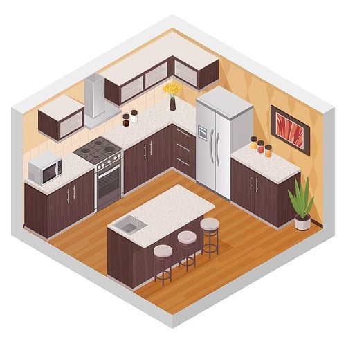 Kitchen modern interior design composition in isometric style with household equipment appliances and utensil flat vector illustration