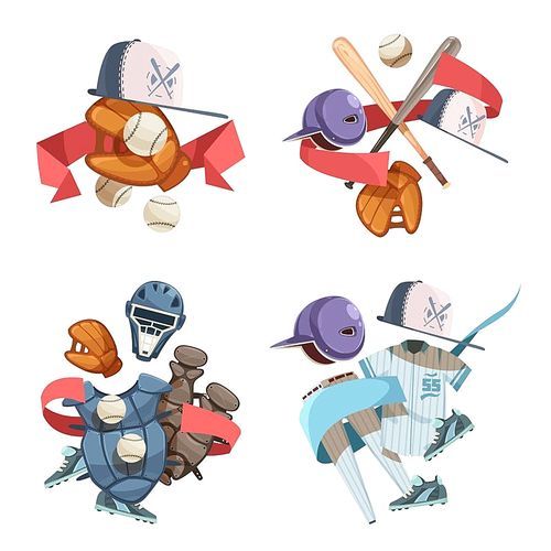 Four baseball inventory decorative icons compositions in retro style with bat helmet balls gloves uniform elements flat cartoon vector illustration