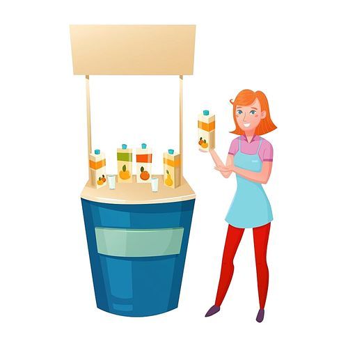 Healthy food promotion design concept with young girl standing near counter and offering tasting different juices vector illustration