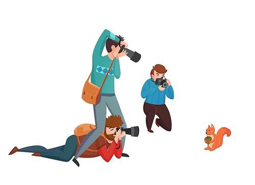 Nature photographer design concept with three men with camera shooting squirrel flat vector illustration