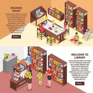 Library isometric horizontal banners with books reading room employee visitors computer technologies interior elements isolated vector illustration