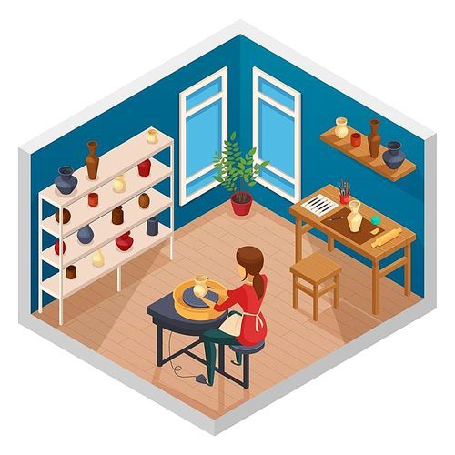 Art studio isometric interior with workspace of female pot maker with finished handmade products on shelves vector illustration