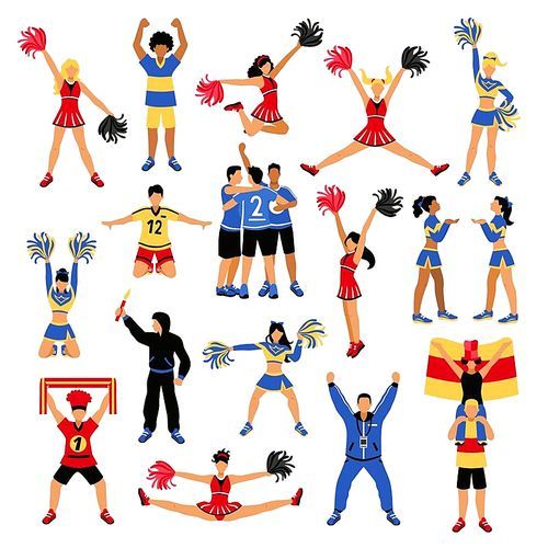 Set of football players, trainer, fans with scarf and flag, girls cheerleaders with pompoms isolated vector illustration
