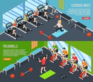 Two horizontal gym isometric banner set with read more link and exercise bikes treadmills descriptions vector illustration