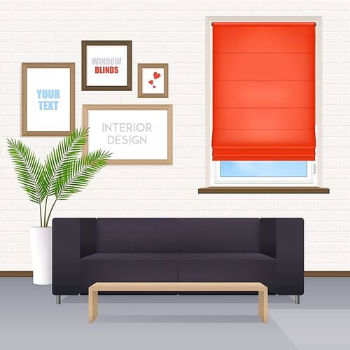 Office room interior with furniture posters for your text on wall and window closed by red roller shutter realistic vector illustration