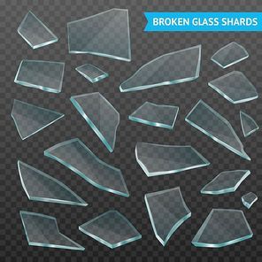 Faceted thick glass broken tumbler fragments various forms and size pieces set on dark transparent realistic vector illustration