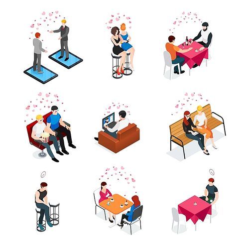 Gay dating isometric compositions with same sex couples meeting in cafe cinema and outdoor vector illustration
