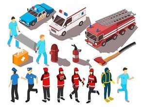Rescue service workers their cars and equipment isometric set isolated on white background 3d vector illustration