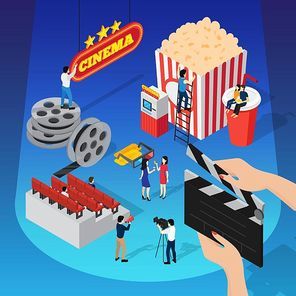 Cinema 3d isometric composition with human figures shooting movie sitting on beverage cup and hanging sign vector illustration
