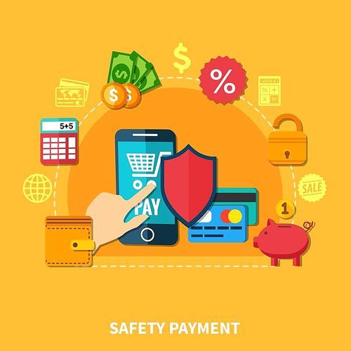 Ecommerce colored flat composition with tools for pay and safety payments headline vector illustration