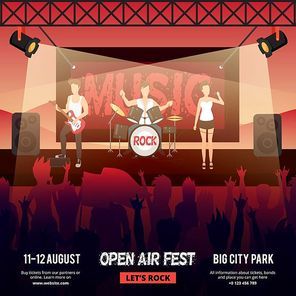 Festival square banner with female-fronted rock music band performing on stage in front of audience vector illustration