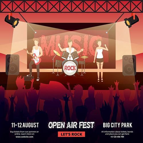 Festival square banner with female-fronted rock music band performing on stage in front of audience vector illustration