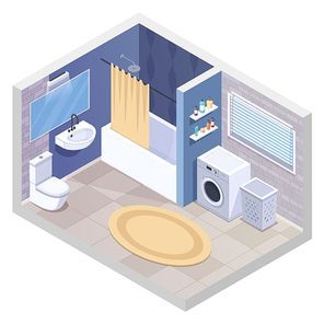 Bathroom isometric interior with realistic sanitary facilities and furniture with washing machine towel dryer and carpet vector illustration