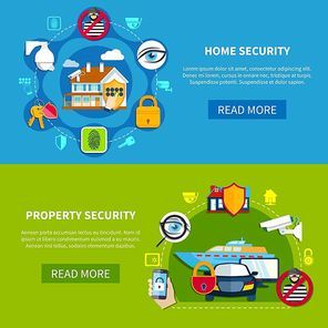 Security horizontal banners set with home and property security symbols flat isolated vector illustration