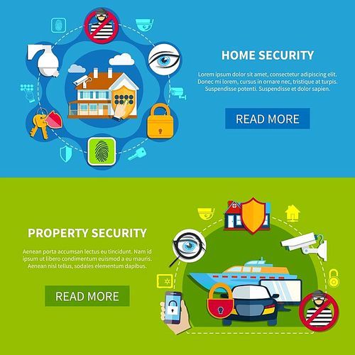 Security horizontal banners set with home and property security symbols flat isolated vector illustration