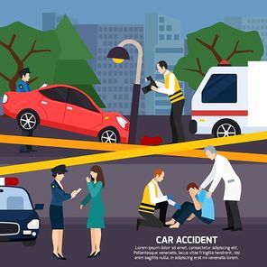 Car and street lamp accident with injured person ambulance road police  warning tape flat style vector illustration