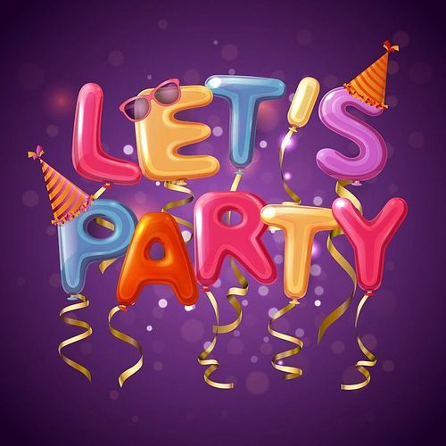 Colored party balloon letters background with let s play headline on purple fond vector illustration