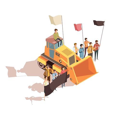 Isometric mining composition with group of human characters holding placards and protest flags near bulldozer vector illustration