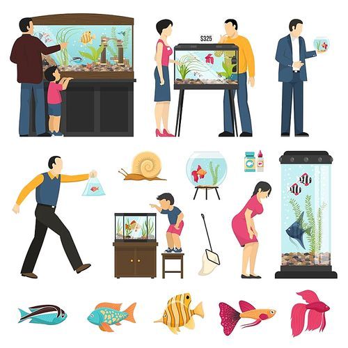 Aquarium people set of isolated human characters fish tanks of different shape and various fish species vector illustraton