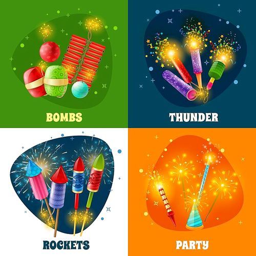 Parties and special events celebration firework concept 4 colorful icons square with rockets firecrackers bombs isolated vector illustration