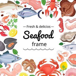 Seafood background frame with isolated images of marine food products with empty square place for text vector illustration