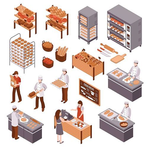 Bakery isometric icons set of working bakers shelves with products buyers and seller of fresh bread behind counter vector illustration