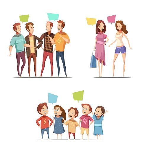 Family retro cartoon set with funny groups of male female and children characters talking to each other flat vector illustration