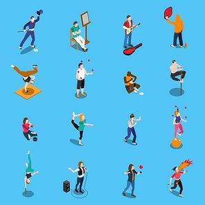 Street artists isometric set with musicians, painter, acrobats, graffiti, dancer, pantomime on blue background isolated vector illustration