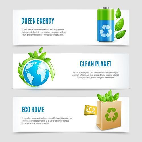 Ecology horizontal banners in paper design with green energy clean planet and eco home realistic signs vector illustration