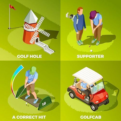 Golf 2x2 design concept with correct hit cabriolet supporter and golf hole isometric square compositions vector illustration