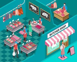Meat shop with outside view and interior design sellers butcher and customers fresh products isometric vector illustration