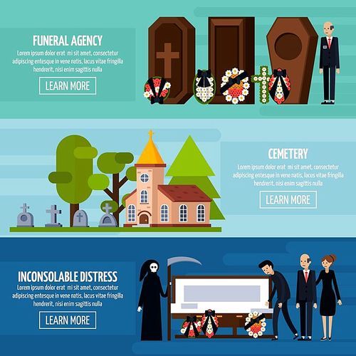 Three horizontal funeral services flat banner set with funeral agency cemetery descriptions vector illustration