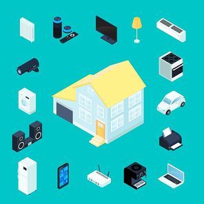 Smart home isometric decorative icons collection with private house in center domestic appliances and electronic elements of remote management around isolated vector illustration