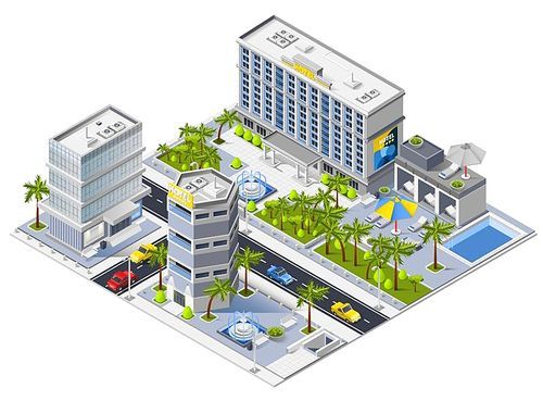 Luxury hotel buildings isometric design concept with south urban landscape and city transport vector illustration
