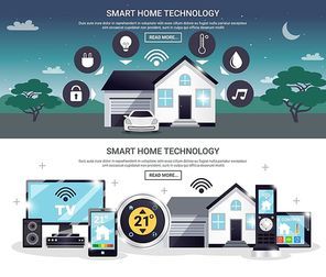 Two horizontal and colored smart home banner set with technology description and read more buttons vector illustration