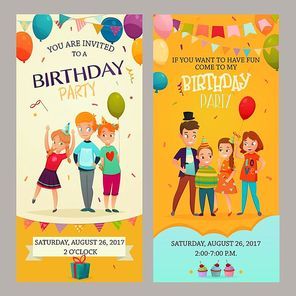 Kids birthday party 2 funny vertical retro banners invitations set with date time decorations isolated vector illustration