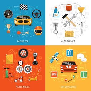 Racing car auto service maintenance and navigation 4 flat icons set square background concept isolated vector illustration