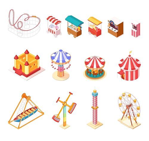Amusement park isometric cartoon icons set with seesaw medieval castle ferris wheel circus tent popcorn and ice cream booths isolated vector illustration