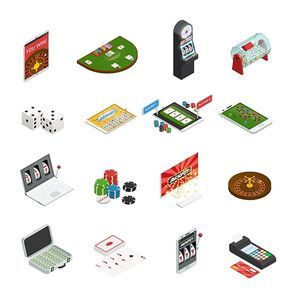 Gambling colored set with online lottery and casino icons isolated on white background isometric vector illustration