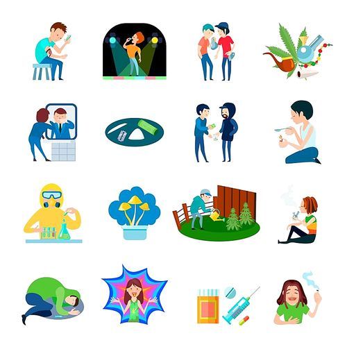 Narcotic substance illegal production and use isolated compositions set with cartoon people characters and drug images vector illustration