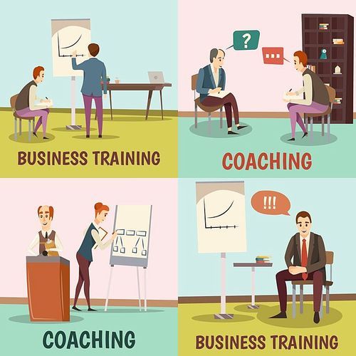 Coaching concept icons set with business training symbols flat isolated vector illustration