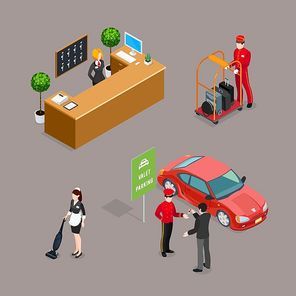 Hotel service isometric icons set with taxi driver visitor cleaner reception manager figurines isolated vector illustration