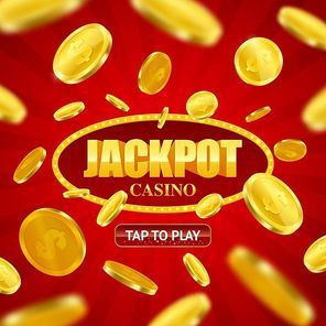 Jackpot casino game online site design with play button option and flying golden coins background vector illustration